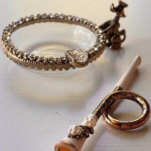 Vintage Mid Century Dog Poodle Rhinestone Ashtray & Cigarette Holder Set ✨